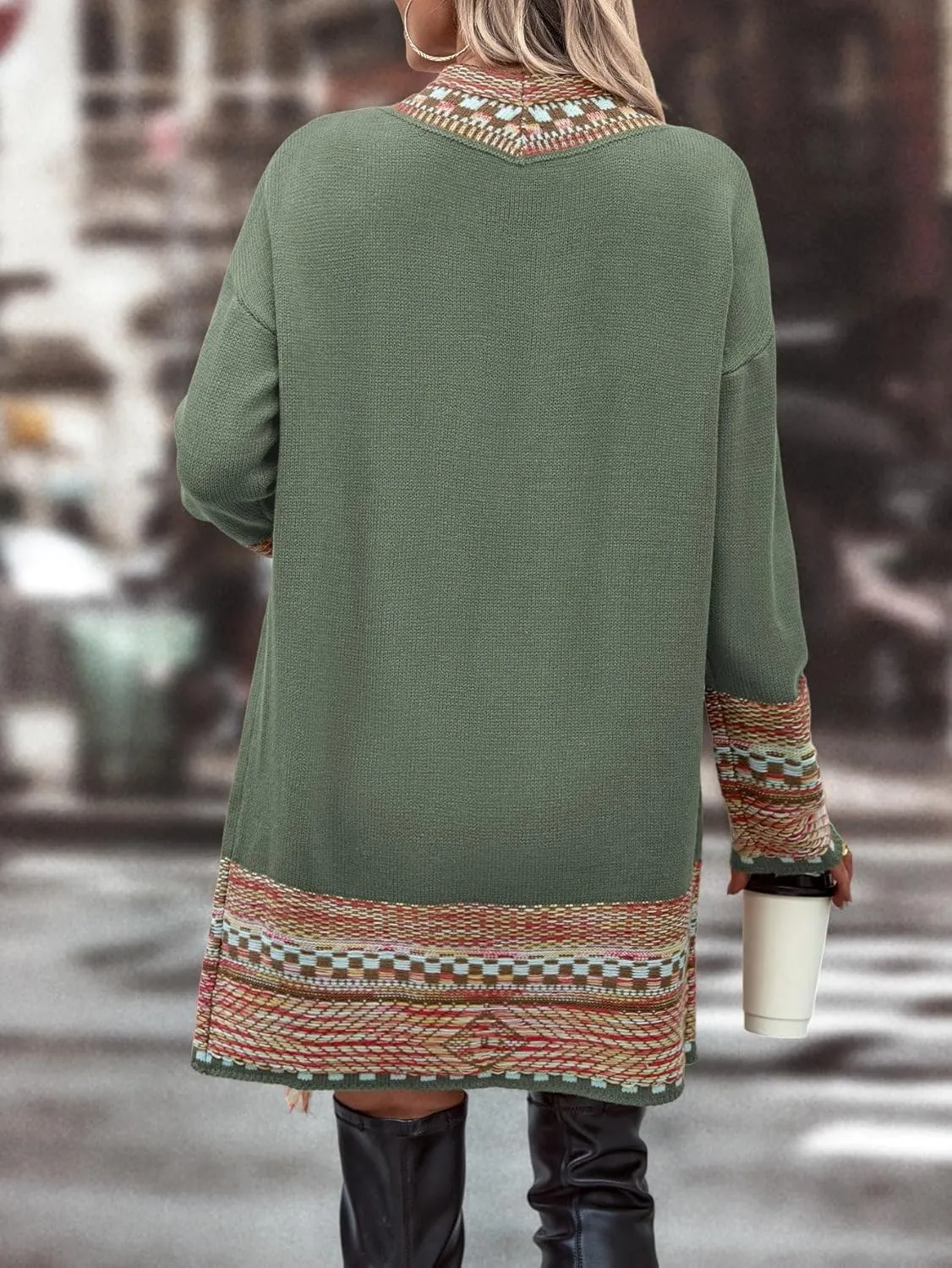 MakeMeChic Women's Duster Cardigan Fringe Trim Long Sleeve Open Front Geo Pattern Knitted Outerwear