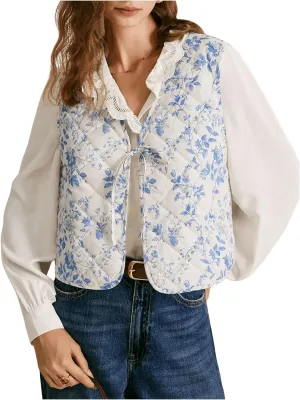 MakeMeChic Women's Floral Tie Front Puffer Vest Sleeveless V Neck Lightweight Quilted Jacket Outerwear