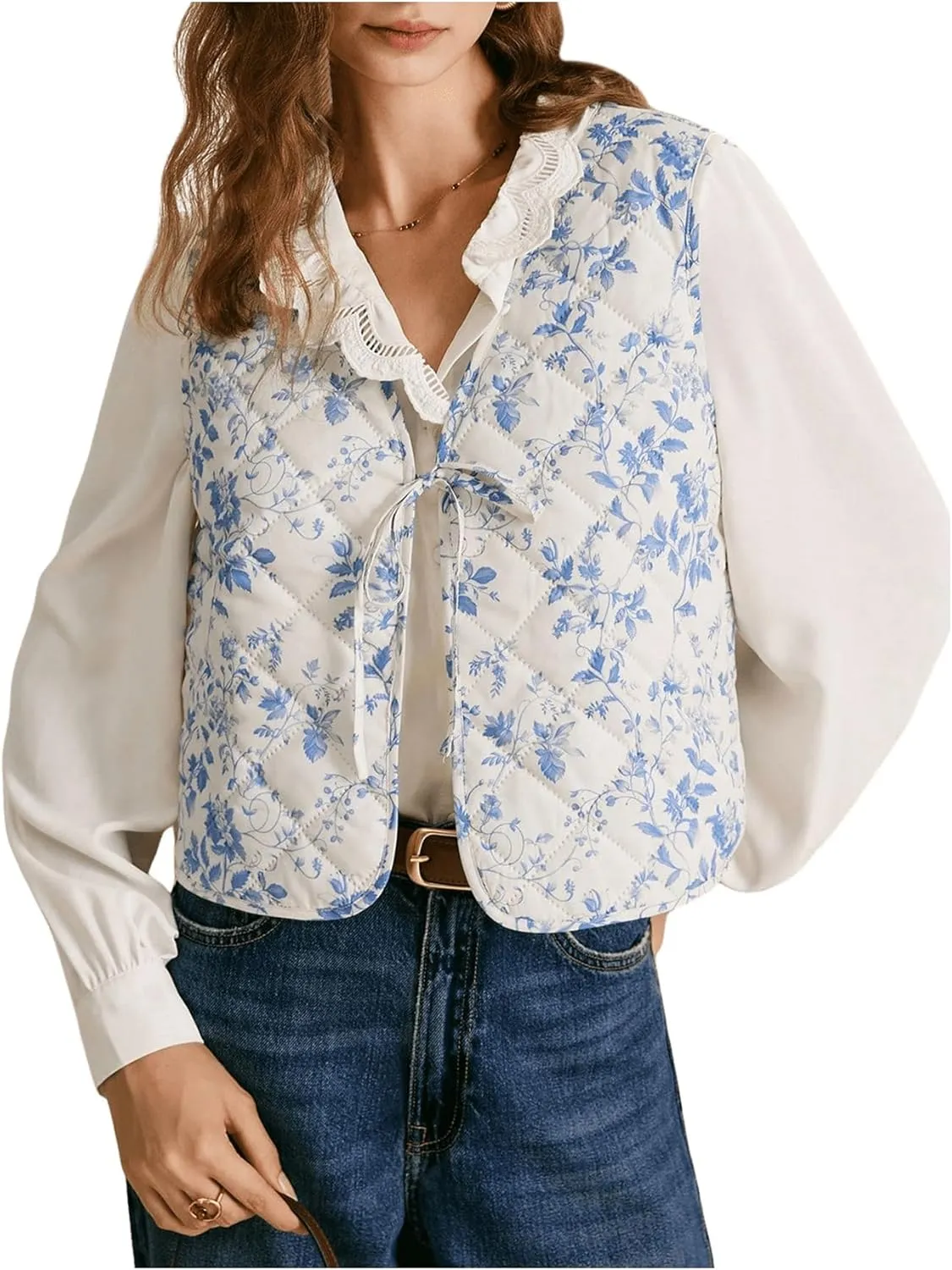 MakeMeChic Women's Floral Tie Front Puffer Vest Sleeveless V Neck Lightweight Quilted Jacket Outerwear