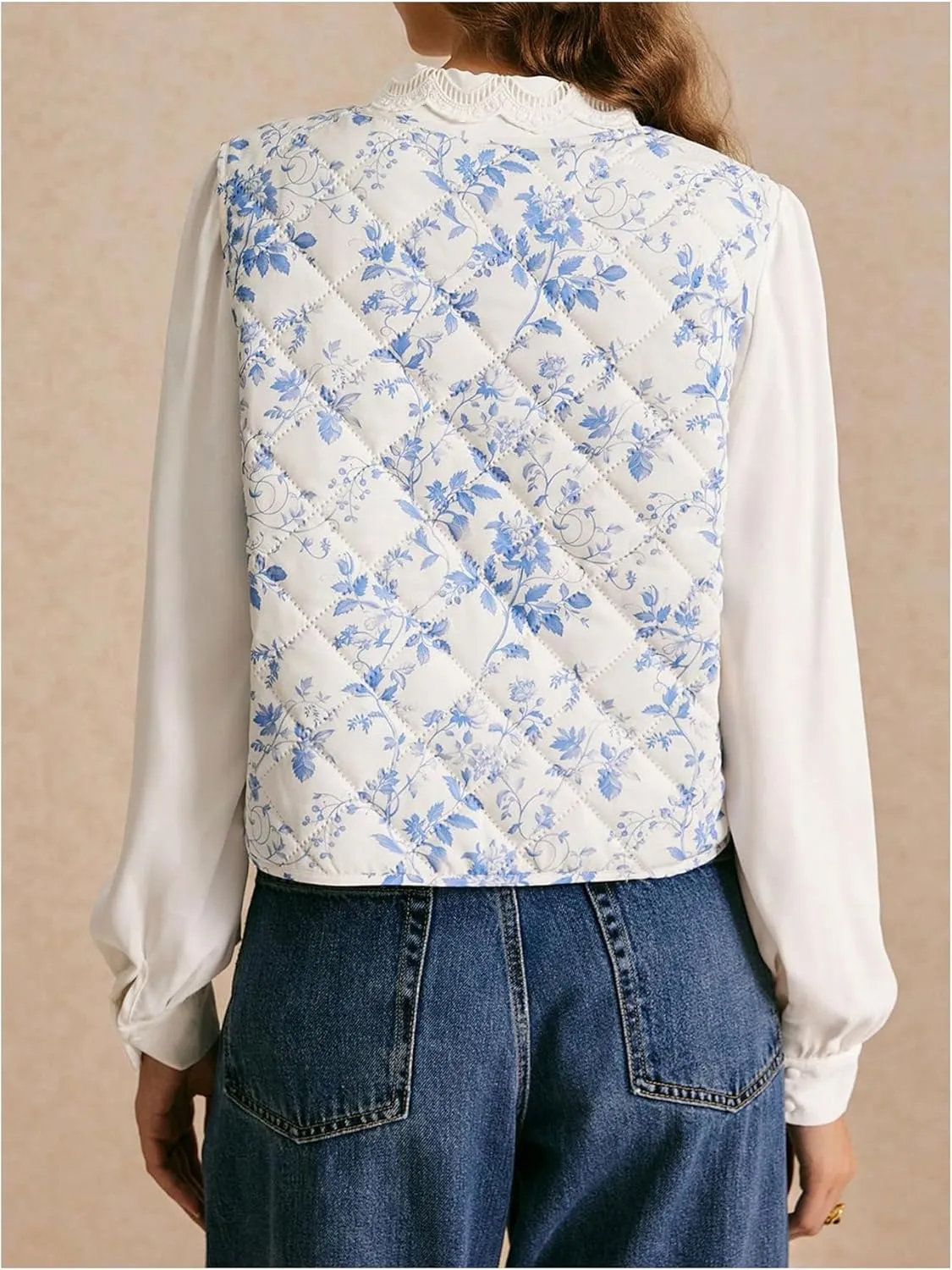 MakeMeChic Women's Floral Tie Front Puffer Vest Sleeveless V Neck Lightweight Quilted Jacket Outerwear