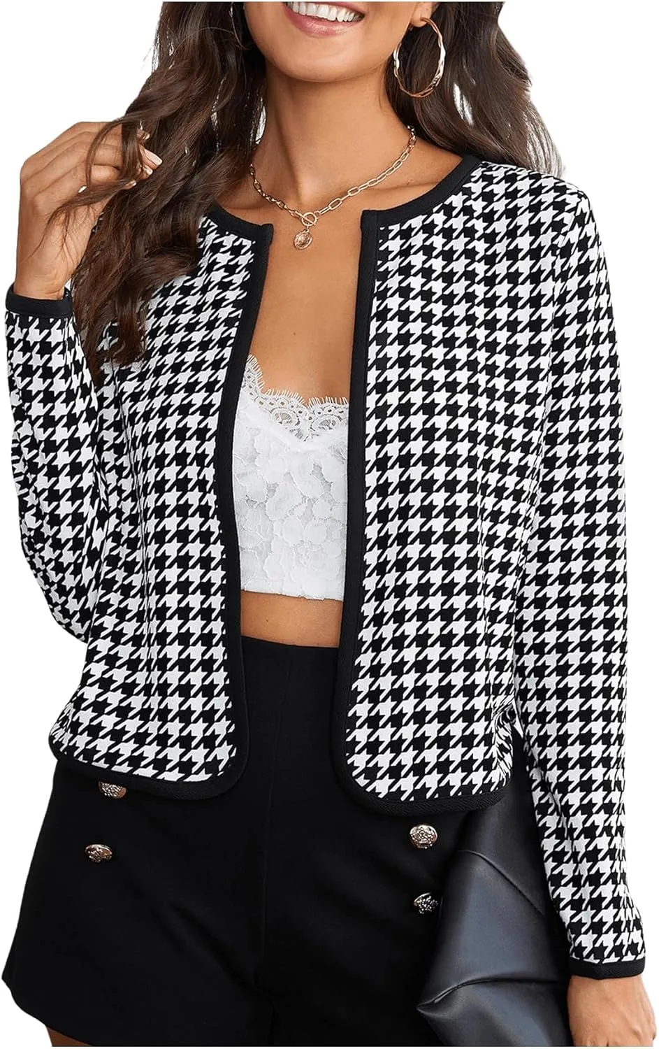MakeMeChic Women's Houndstooth Contrast Binding Open Front Long Sleeve Jackets Work Office Crop Outerwear