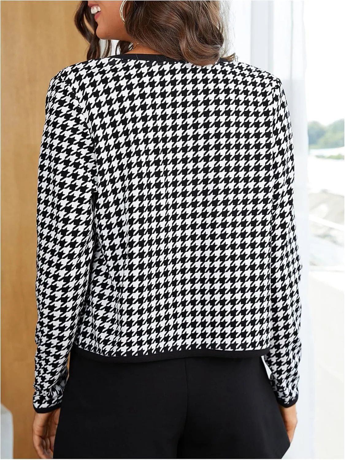 MakeMeChic Women's Houndstooth Contrast Binding Open Front Long Sleeve Jackets Work Office Crop Outerwear