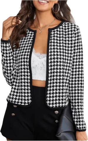 MakeMeChic Women's Houndstooth Contrast Binding Open Front Long Sleeve Jackets Work Office Crop Outerwear