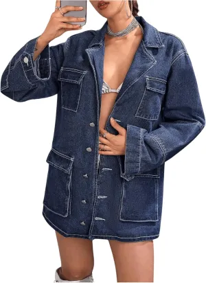 MakeMeChic Women's Lapel Button Down Cargo Denim Jacket Loose Y2K Outerwear with Pocket