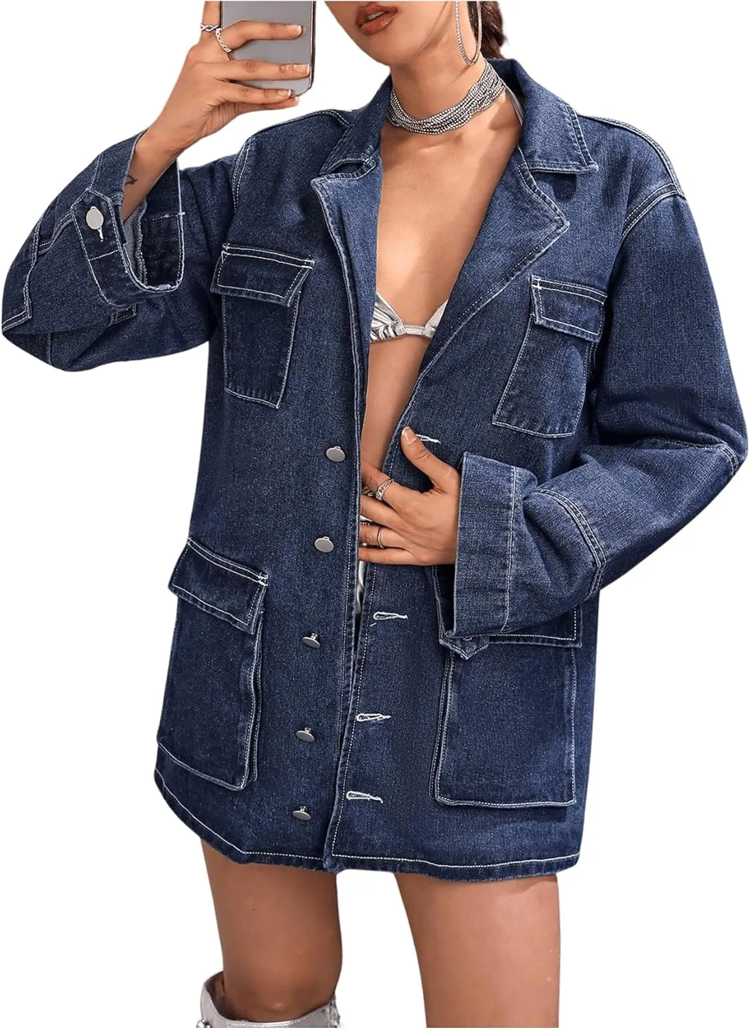 MakeMeChic Women's Lapel Button Down Cargo Denim Jacket Loose Y2K Outerwear with Pocket