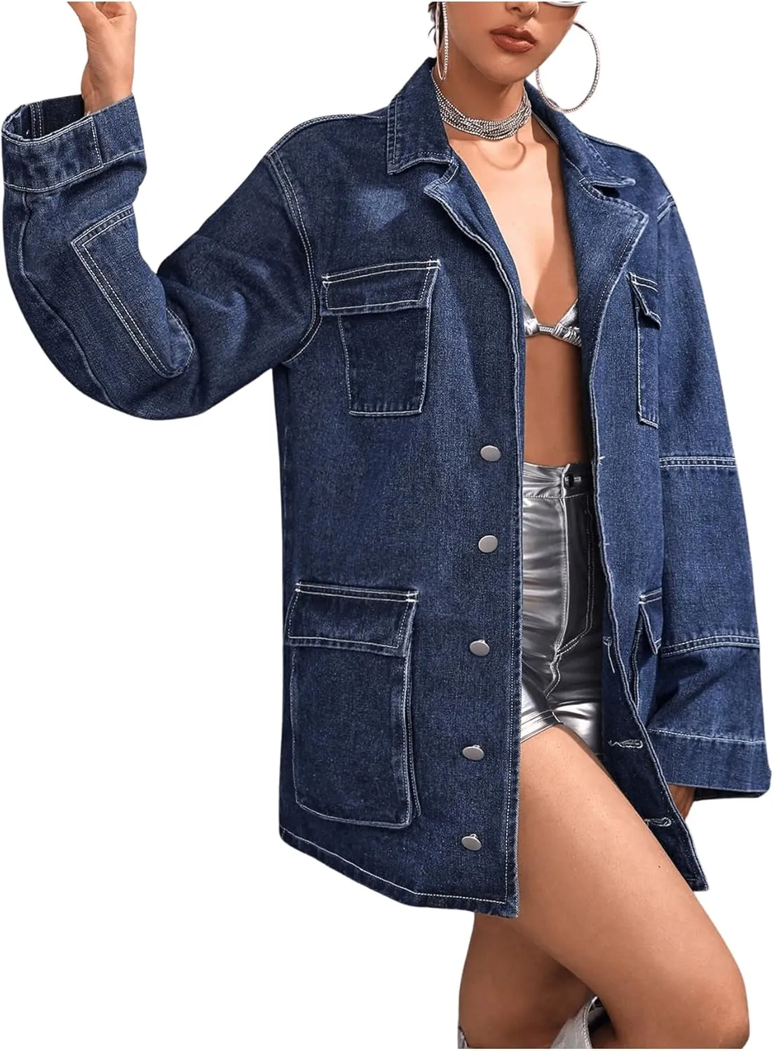 MakeMeChic Women's Lapel Button Down Cargo Denim Jacket Loose Y2K Outerwear with Pocket