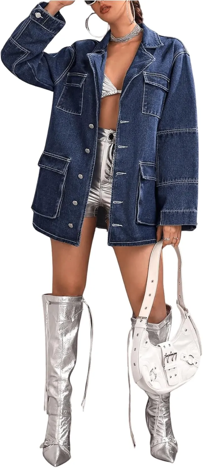 MakeMeChic Women's Lapel Button Down Cargo Denim Jacket Loose Y2K Outerwear with Pocket