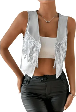 MakeMeChic Women's Metallic Sequin Fringe Vest Blazer Open Front Sleeveless Crop Y2K Coat Outerwear