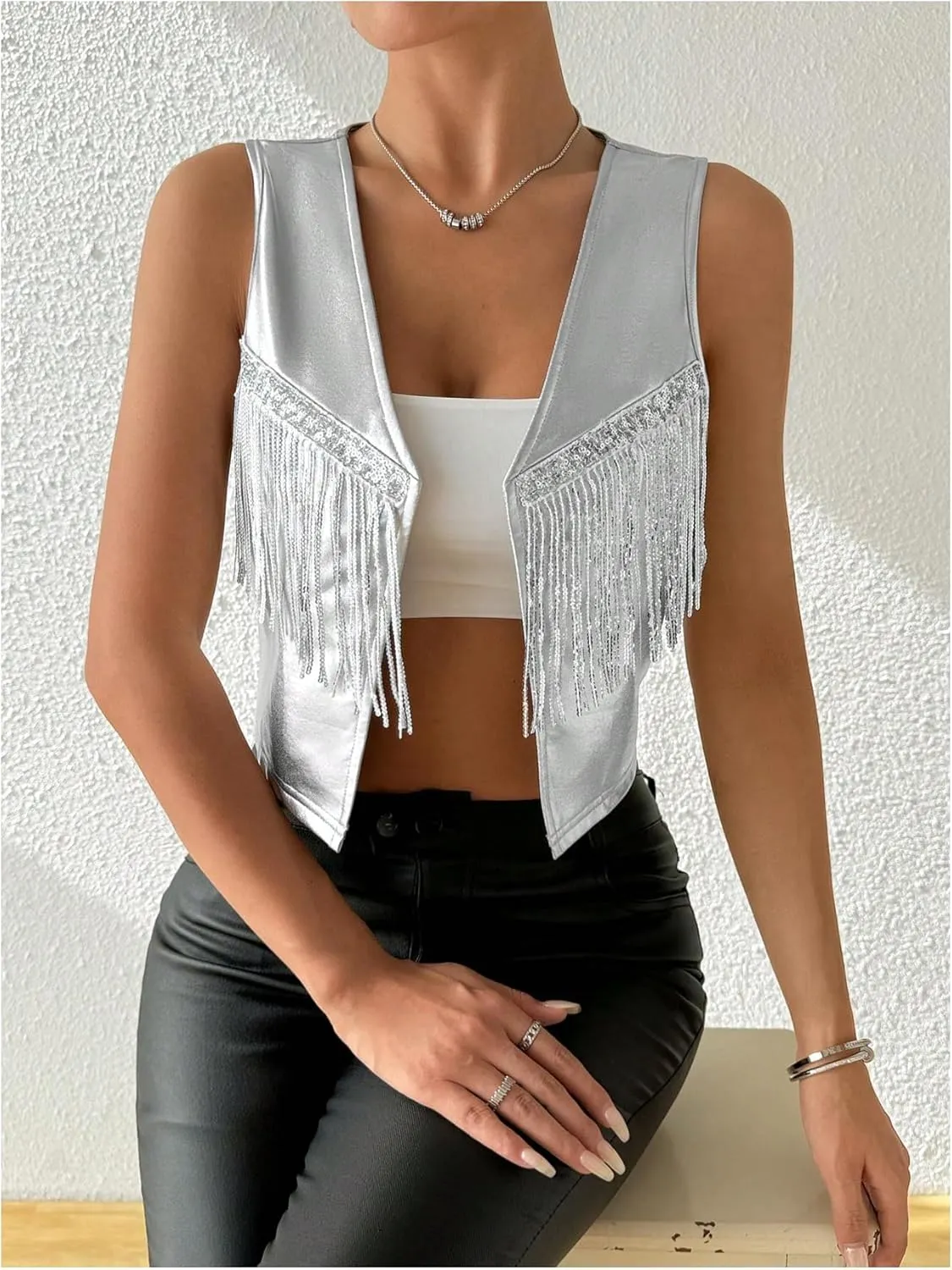 MakeMeChic Women's Metallic Sequin Fringe Vest Blazer Open Front Sleeveless Crop Y2K Coat Outerwear