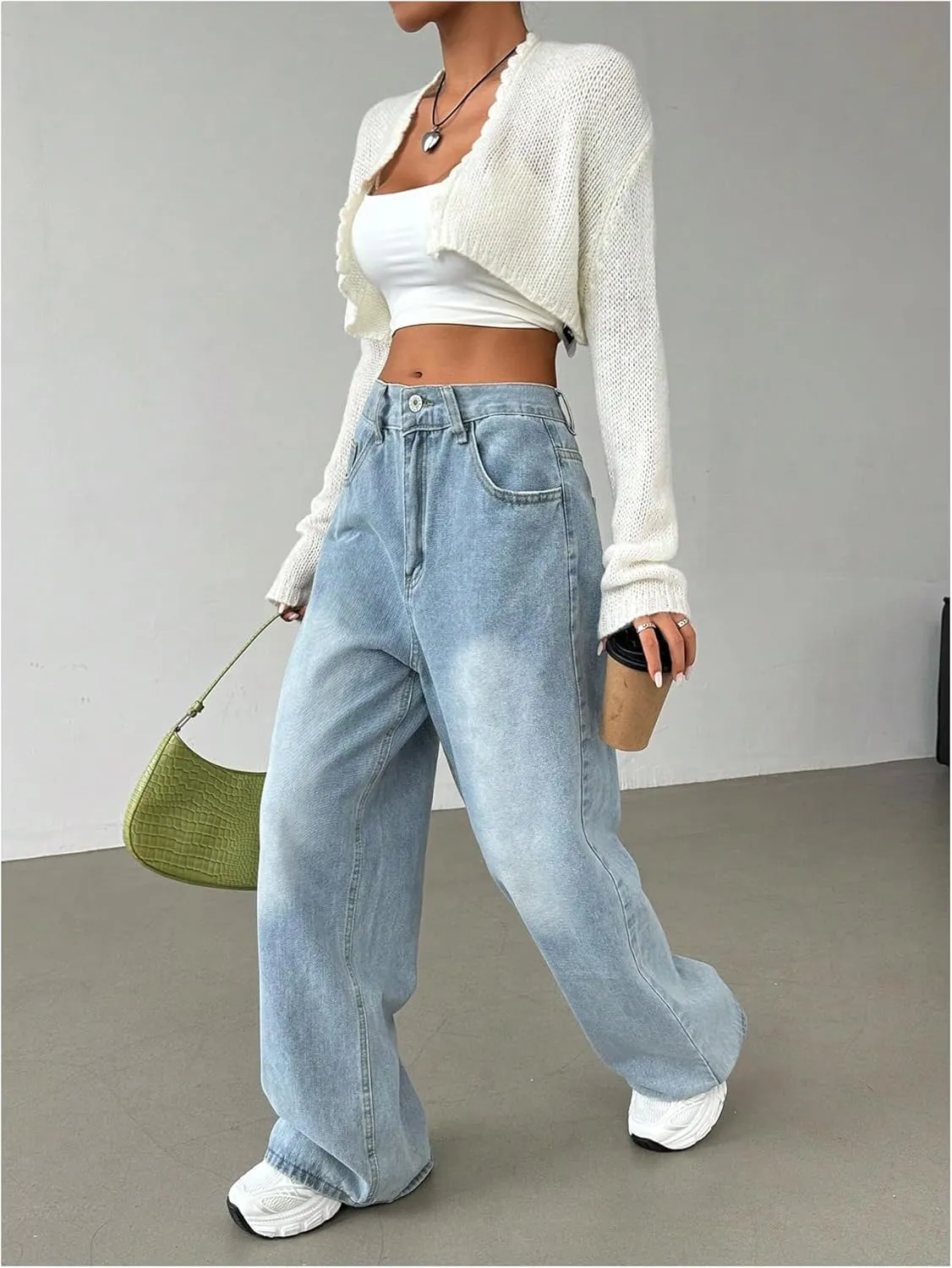 MakeMeChic Women's Open Front Long Sleeve Cardigan Sweater Lettuce Trim Lightweight Crop Outerwear