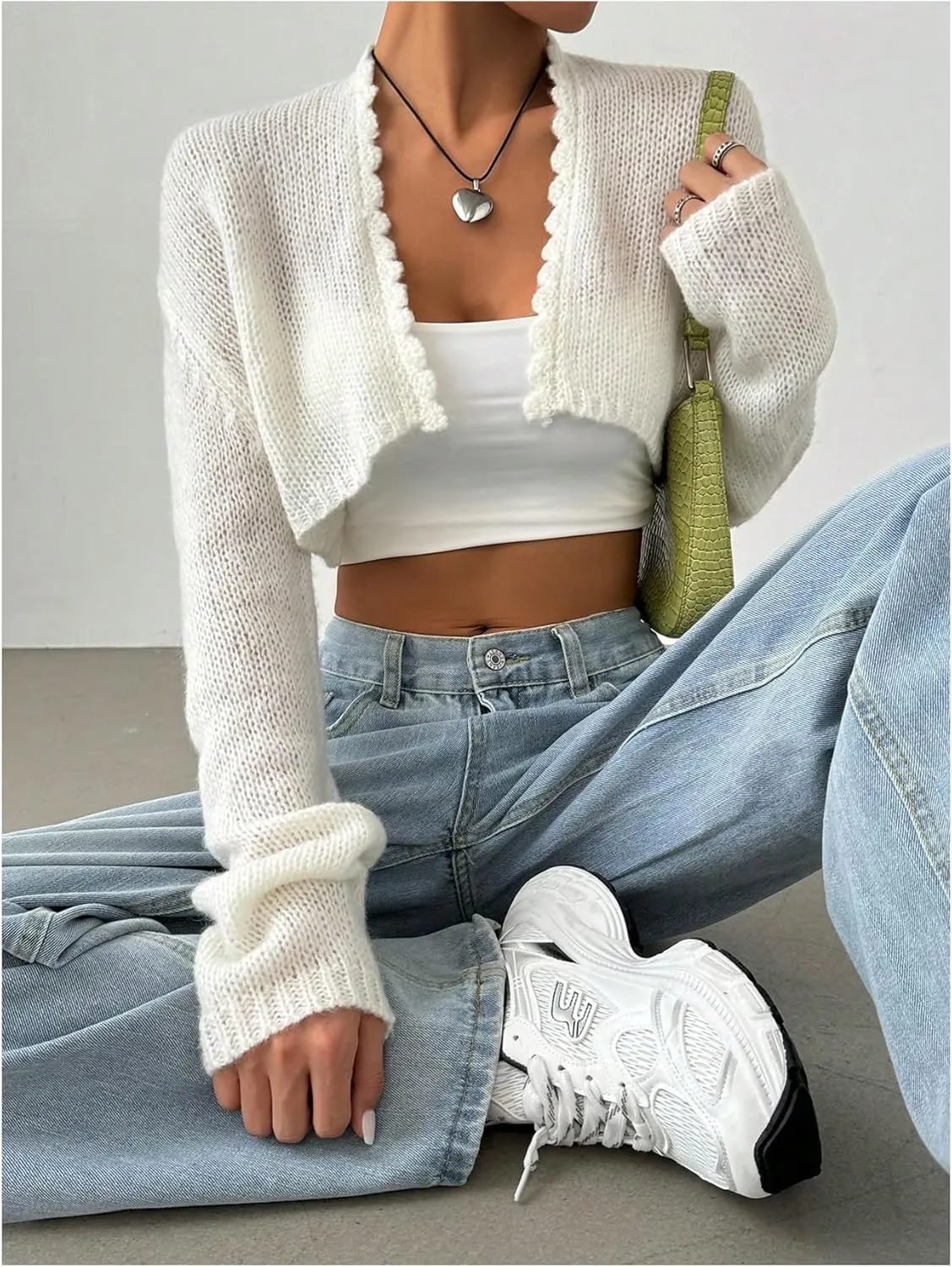 MakeMeChic Women's Open Front Long Sleeve Cardigan Sweater Lettuce Trim Lightweight Crop Outerwear