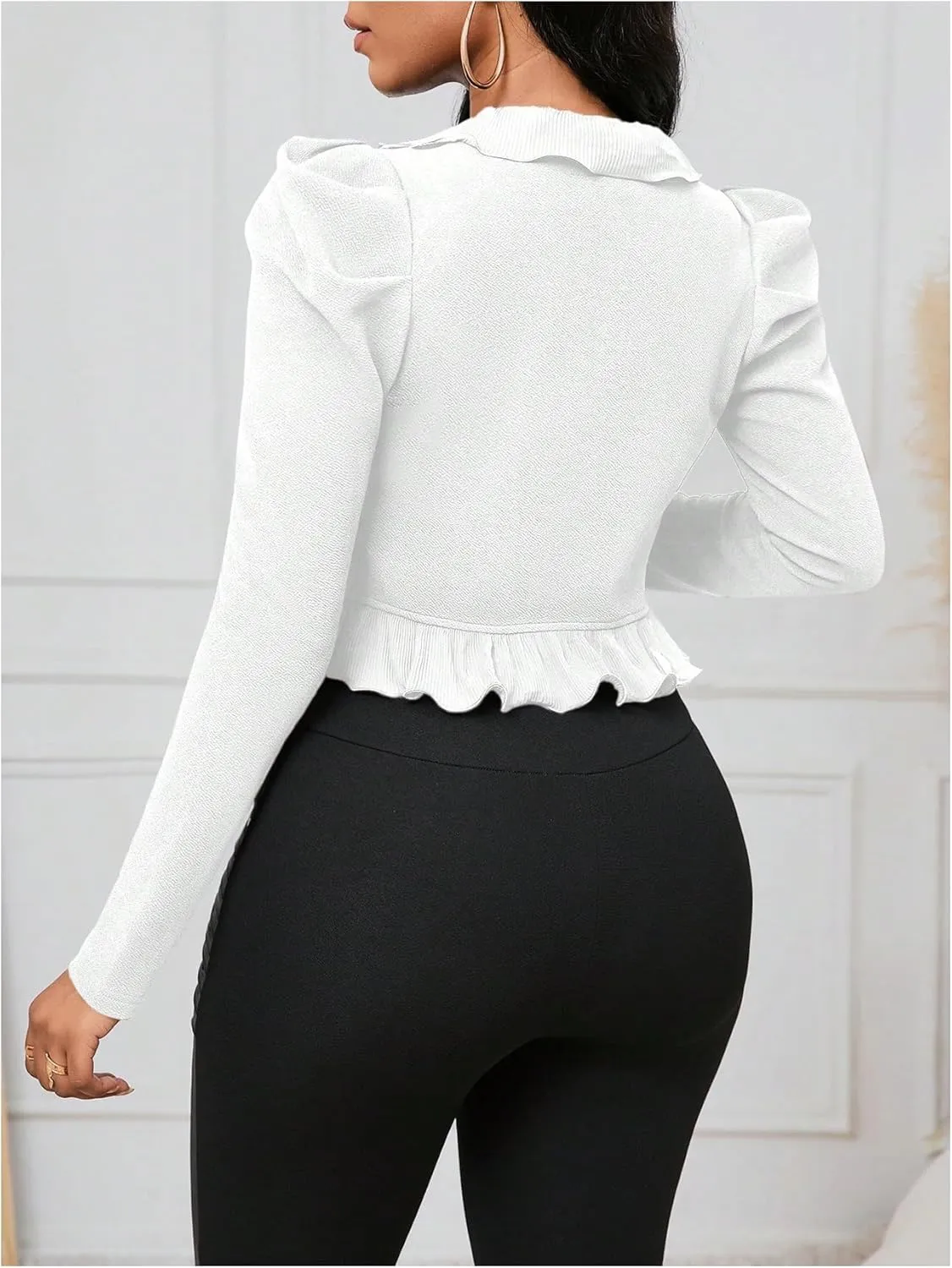 MakeMeChic Women's Open Front Ruffle Trim Jacket Puff Sleeve Crop Work Office Blazer Outerwear