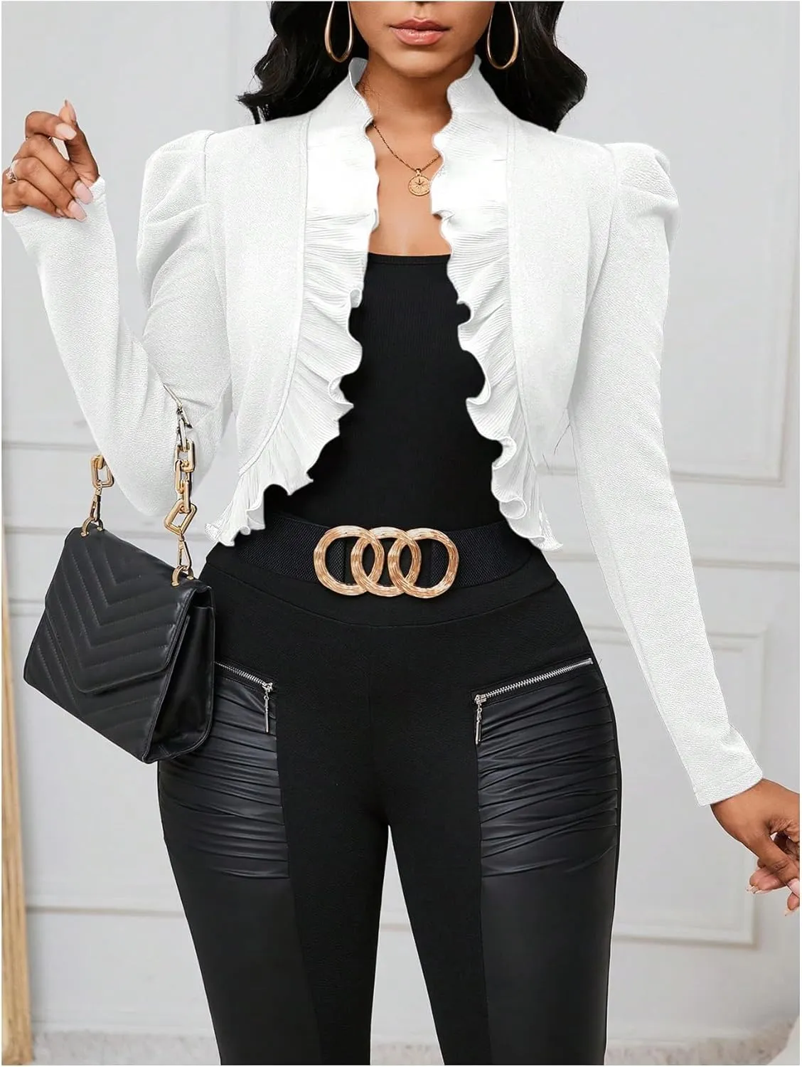 MakeMeChic Women's Open Front Ruffle Trim Jacket Puff Sleeve Crop Work Office Blazer Outerwear