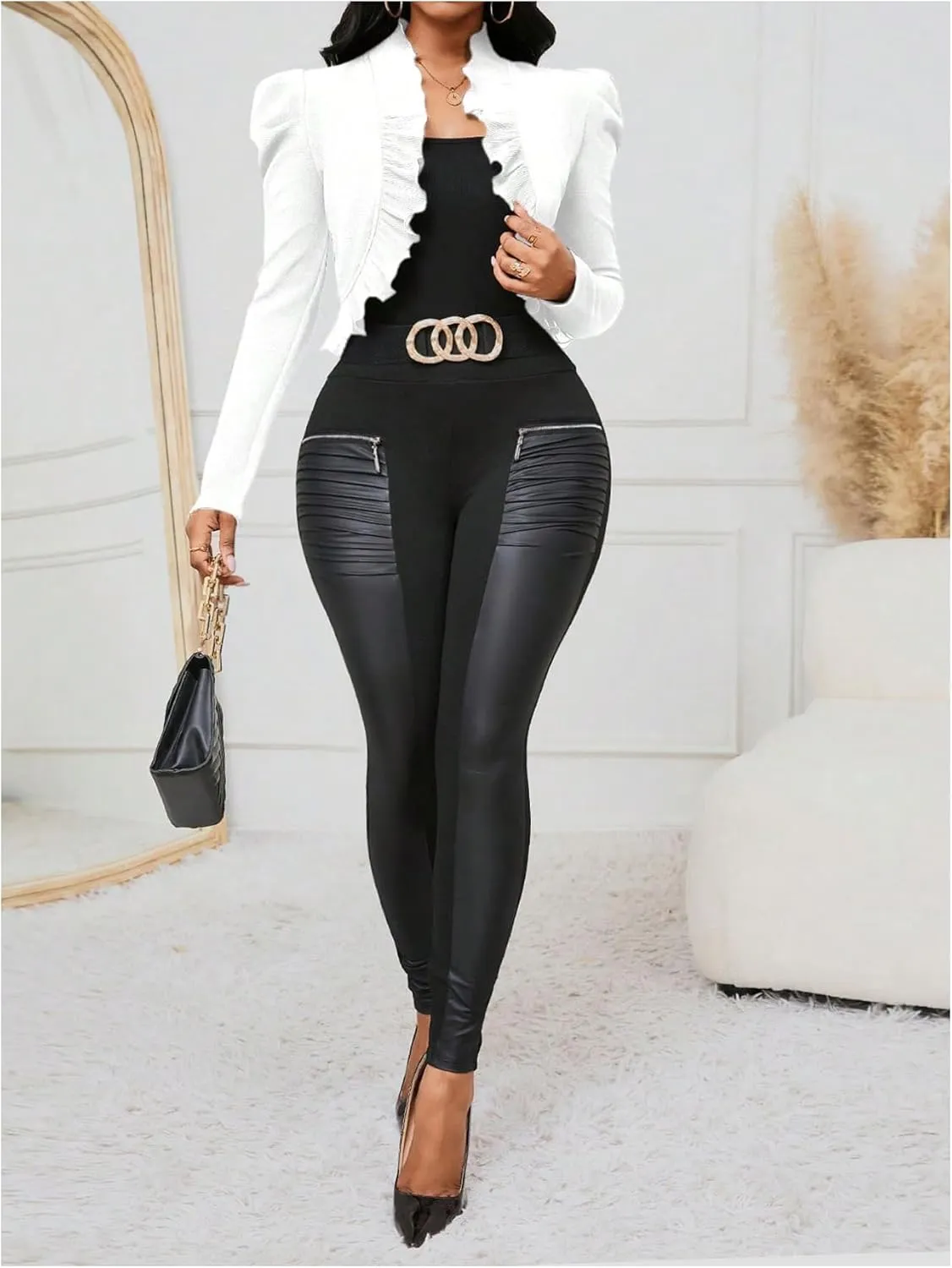 MakeMeChic Women's Open Front Ruffle Trim Jacket Puff Sleeve Crop Work Office Blazer Outerwear