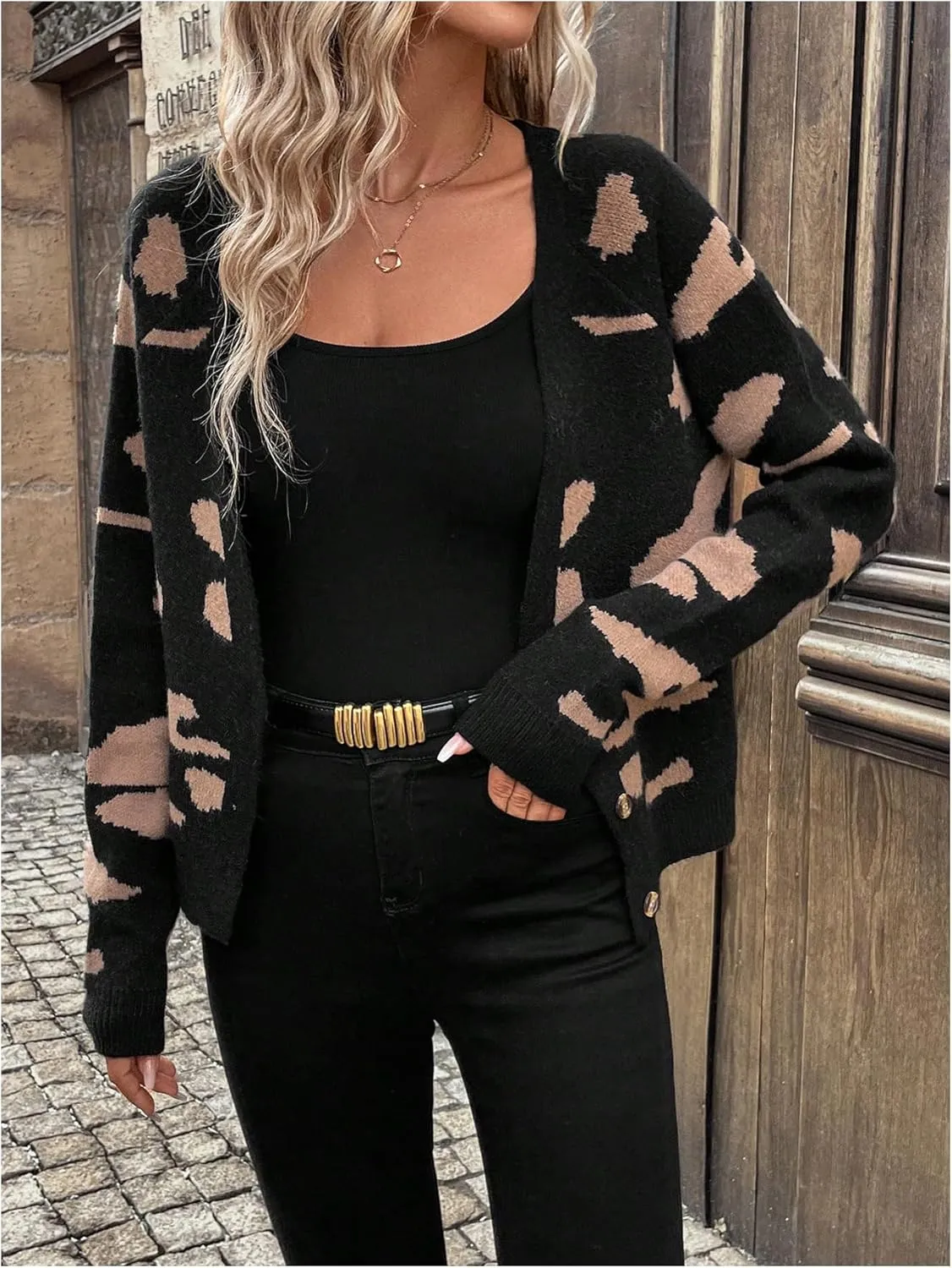MakeMeChic Women's Patterned Button Down V Neck Sweater Cardigan Color Block Long Sleeve Outerwear