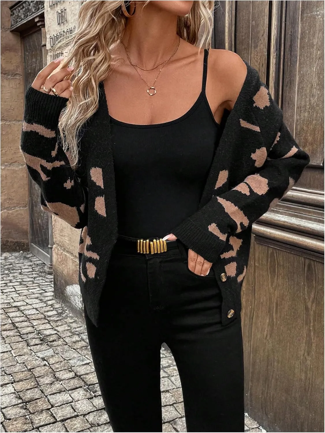 MakeMeChic Women's Patterned Button Down V Neck Sweater Cardigan Color Block Long Sleeve Outerwear