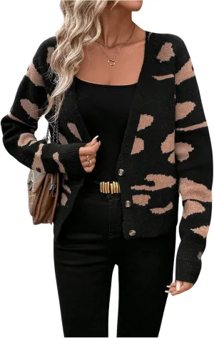 MakeMeChic Women's Patterned Button Down V Neck Sweater Cardigan Color Block Long Sleeve Outerwear