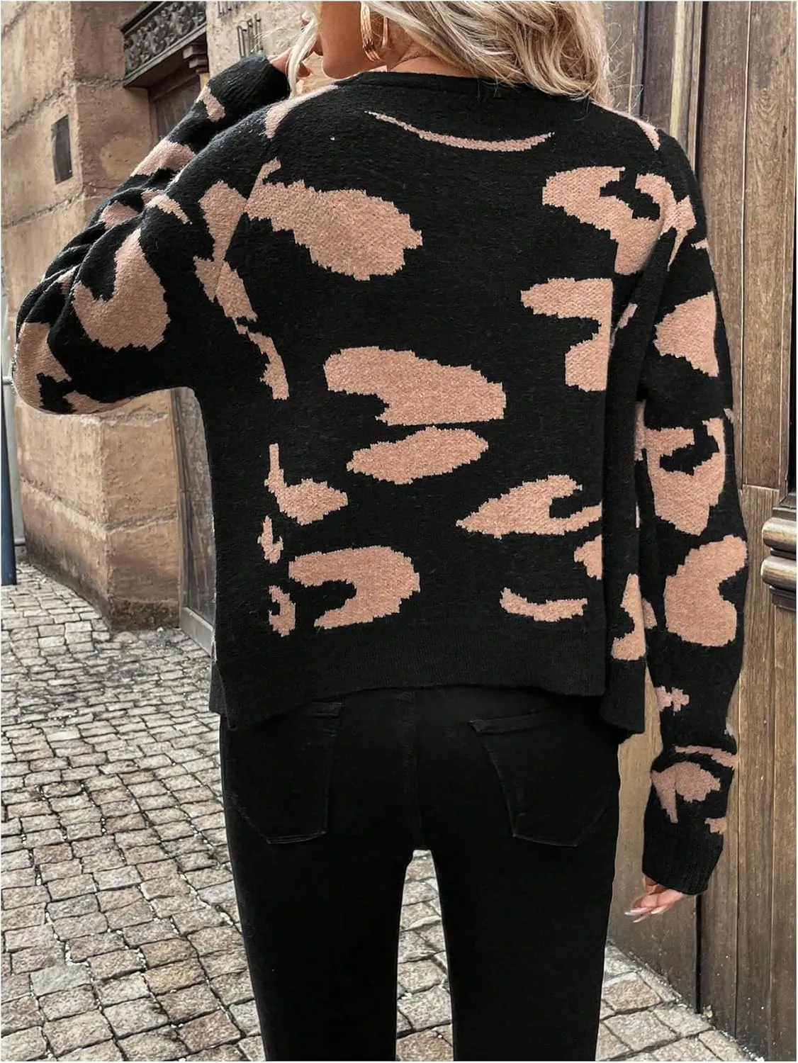 MakeMeChic Women's Patterned Button Down V Neck Sweater Cardigan Color Block Long Sleeve Outerwear