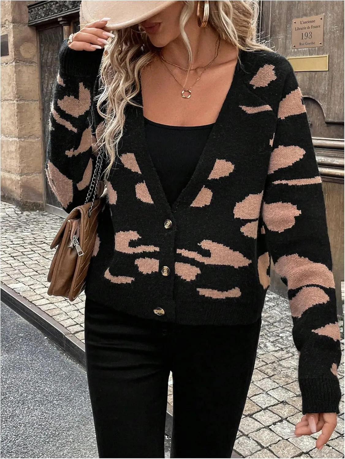 MakeMeChic Women's Patterned Button Down V Neck Sweater Cardigan Color Block Long Sleeve Outerwear