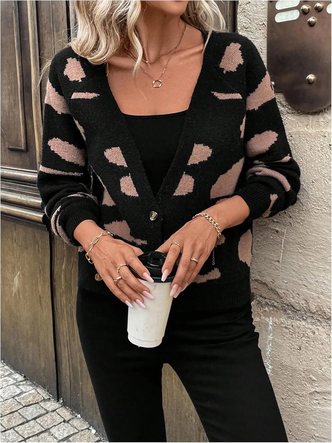 MakeMeChic Women's Patterned Button Down V Neck Sweater Cardigan Color Block Long Sleeve Outerwear