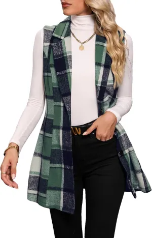 MakeMeChic Women's Plaid Vest Coat Casual Lapel Neck Button Front Sleeveless Blazer Jacket Outerwear