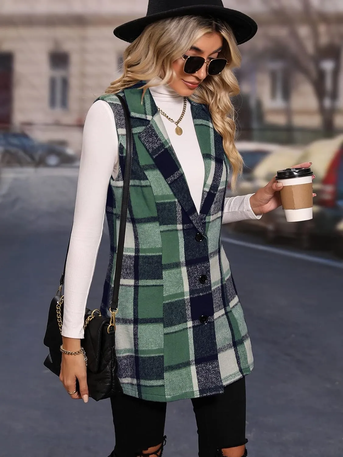 MakeMeChic Women's Plaid Vest Coat Casual Lapel Neck Button Front Sleeveless Blazer Jacket Outerwear
