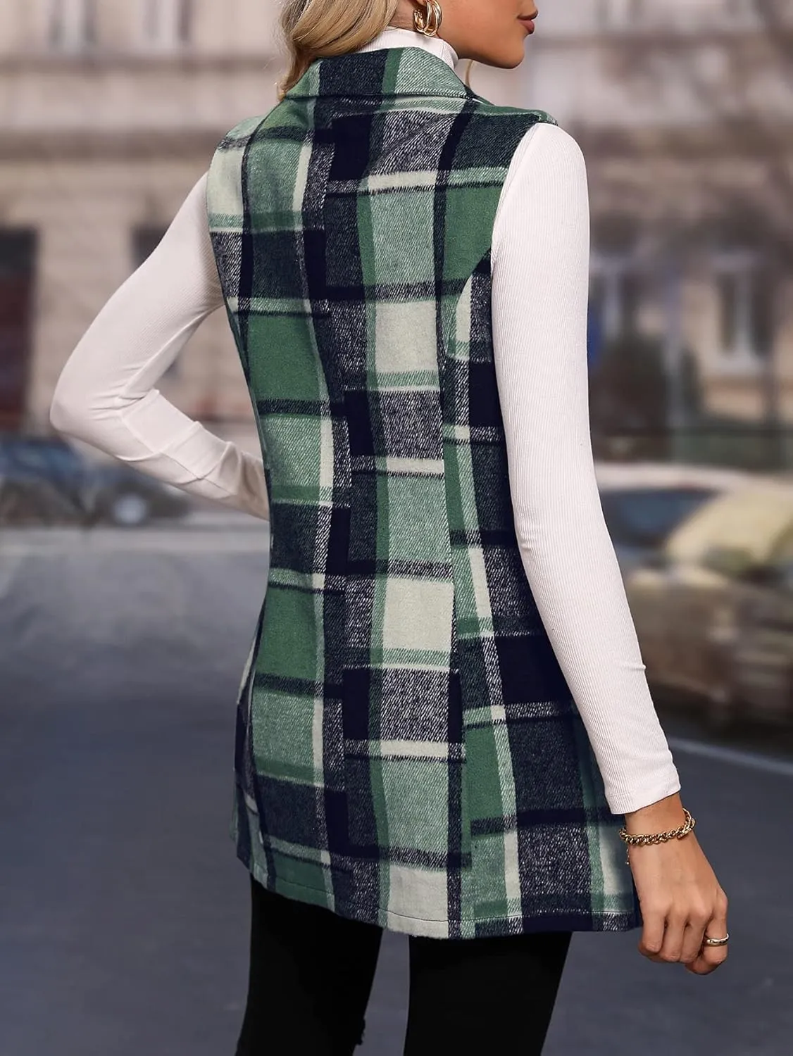 MakeMeChic Women's Plaid Vest Coat Casual Lapel Neck Button Front Sleeveless Blazer Jacket Outerwear