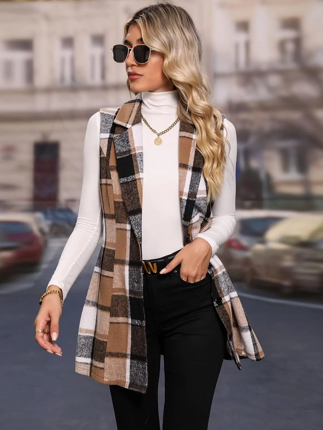 MakeMeChic Women's Plaid Vest Coat Casual Lapel Neck Button Front Sleeveless Blazer Jacket Outerwear