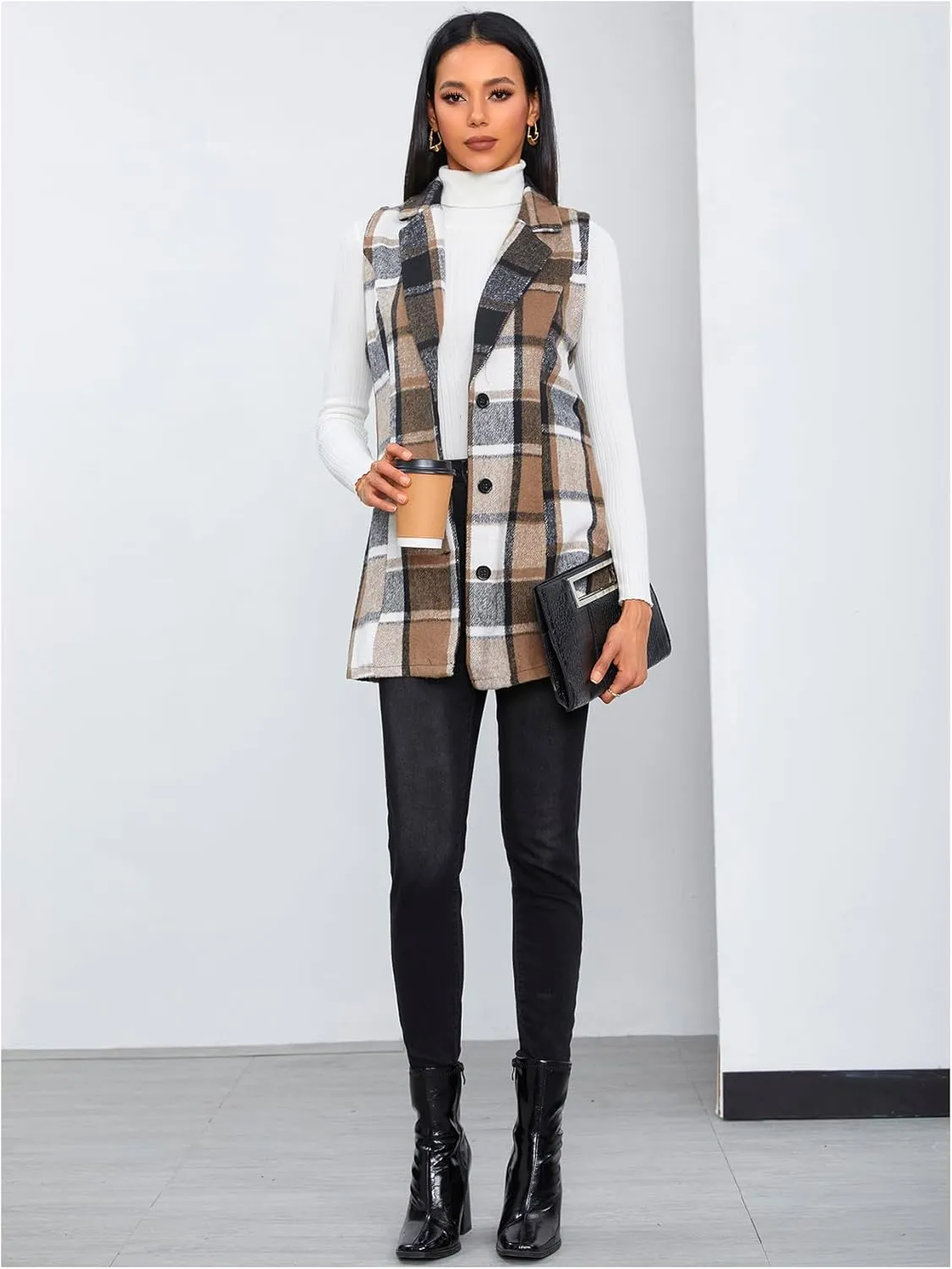 MakeMeChic Women's Plaid Vest Coat Casual Lapel Neck Button Front Sleeveless Blazer Jacket Outerwear