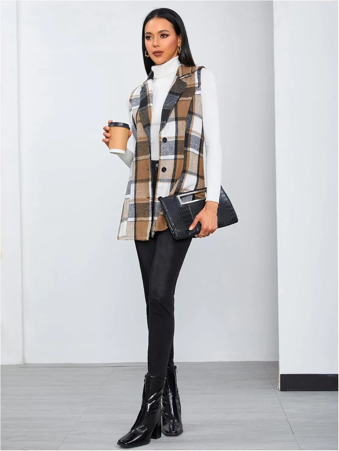MakeMeChic Women's Plaid Vest Coat Casual Lapel Neck Button Front Sleeveless Blazer Jacket Outerwear
