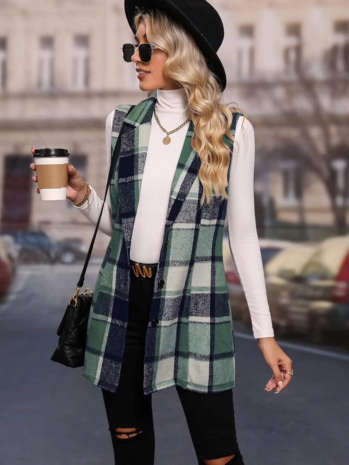 MakeMeChic Women's Plaid Vest Coat Casual Lapel Neck Button Front Sleeveless Blazer Jacket Outerwear