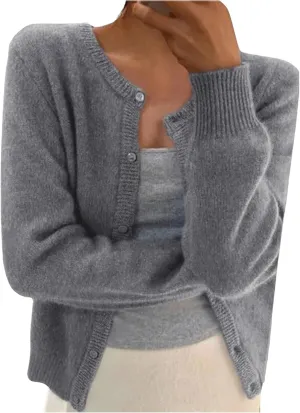 MakeMeChic Women's Plain Button Down Cropped Cardigan Sweater Long Sleeve Round Neck Knitted Outerwear