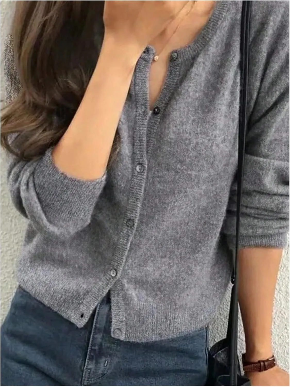 MakeMeChic Women's Plain Button Down Cropped Cardigan Sweater Long Sleeve Round Neck Knitted Outerwear