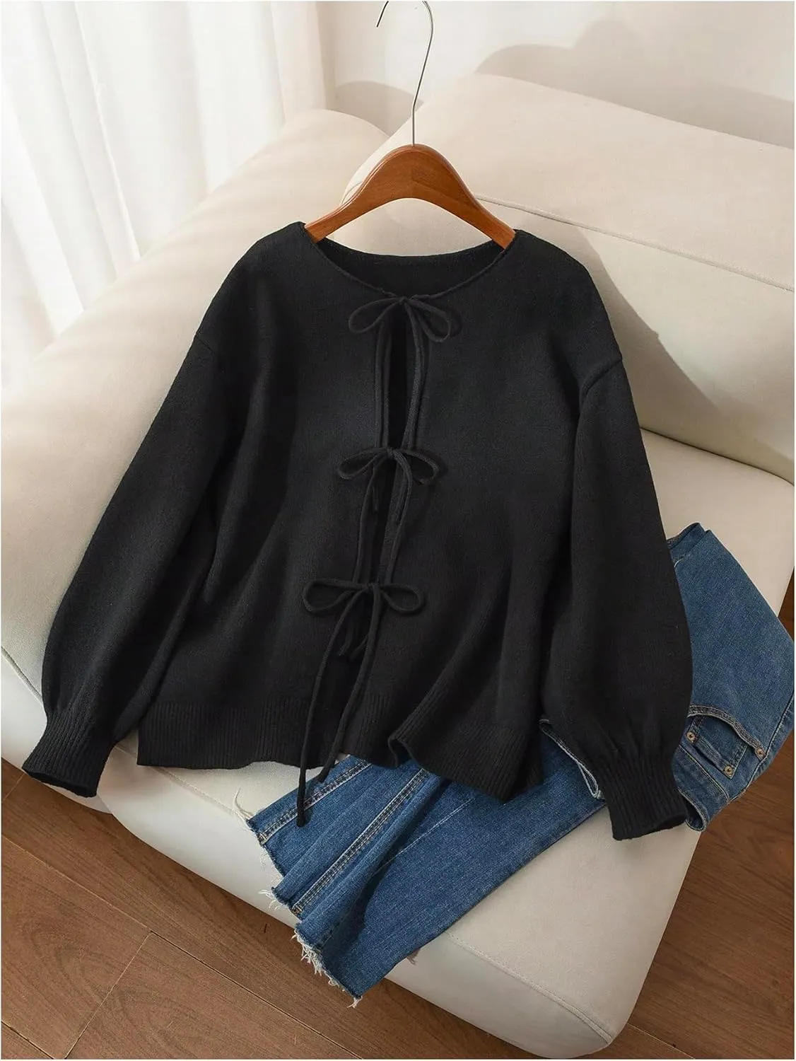 MakeMeChic Women's Plus Size Bow Tie Front Cardigan Sweater Long Sleeve Drop Shoulder Outerwear