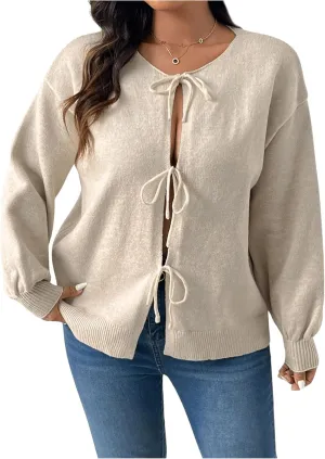MakeMeChic Women's Plus Size Bow Tie Front Cardigan Sweater Long Sleeve Drop Shoulder Outerwear