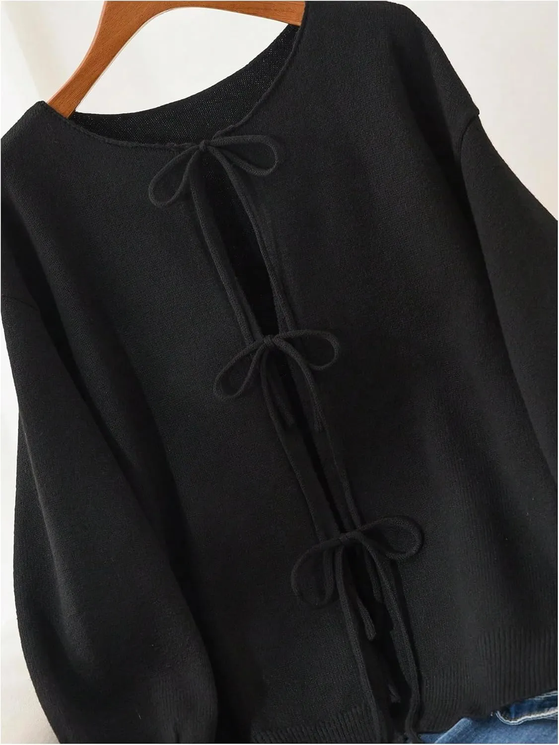 MakeMeChic Women's Plus Size Bow Tie Front Cardigan Sweater Long Sleeve Drop Shoulder Outerwear