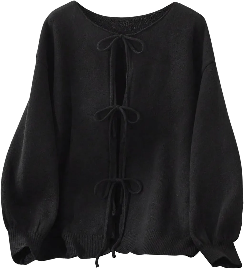 MakeMeChic Women's Plus Size Bow Tie Front Cardigan Sweater Long Sleeve Drop Shoulder Outerwear