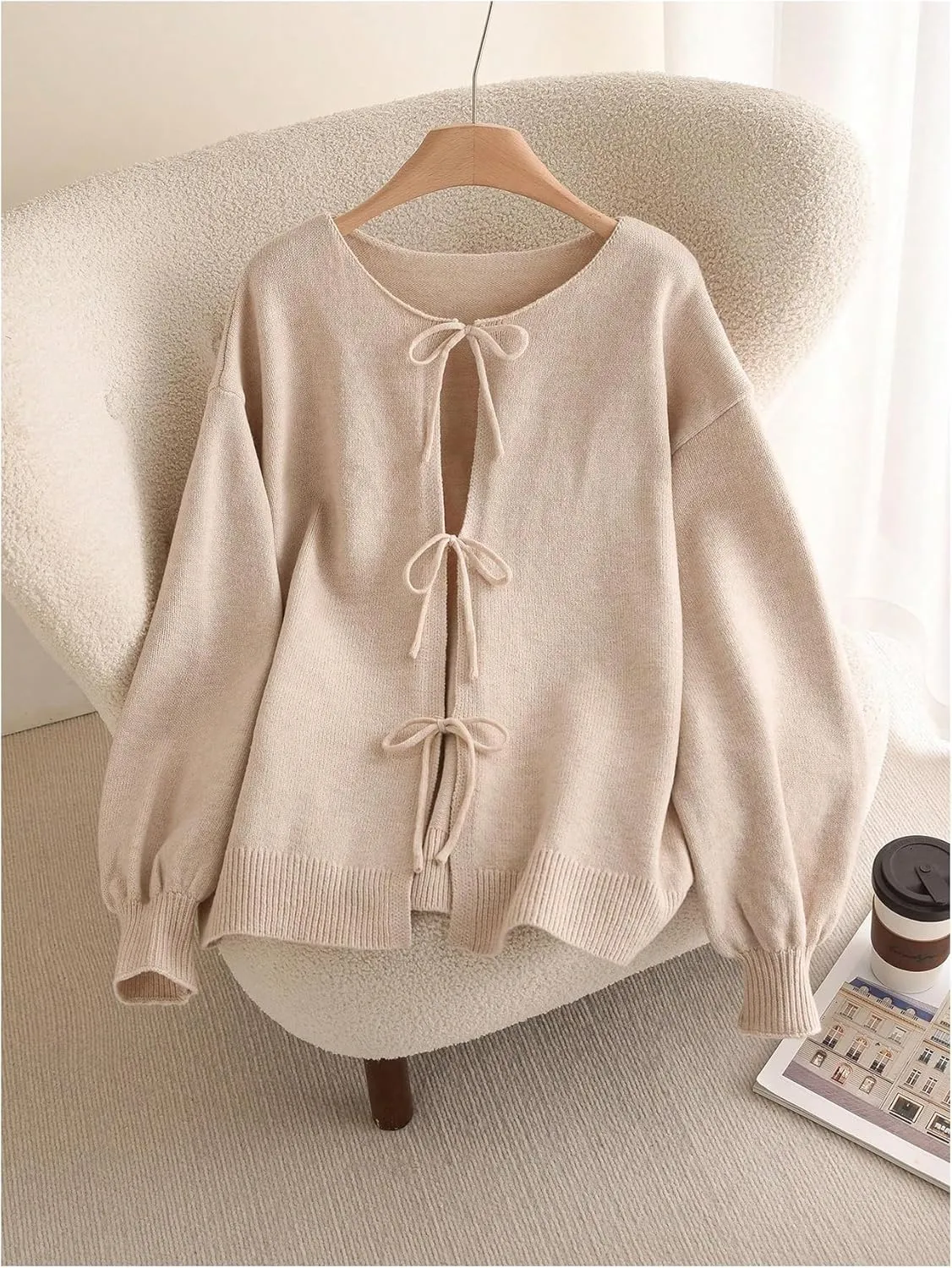 MakeMeChic Women's Plus Size Bow Tie Front Cardigan Sweater Long Sleeve Drop Shoulder Outerwear