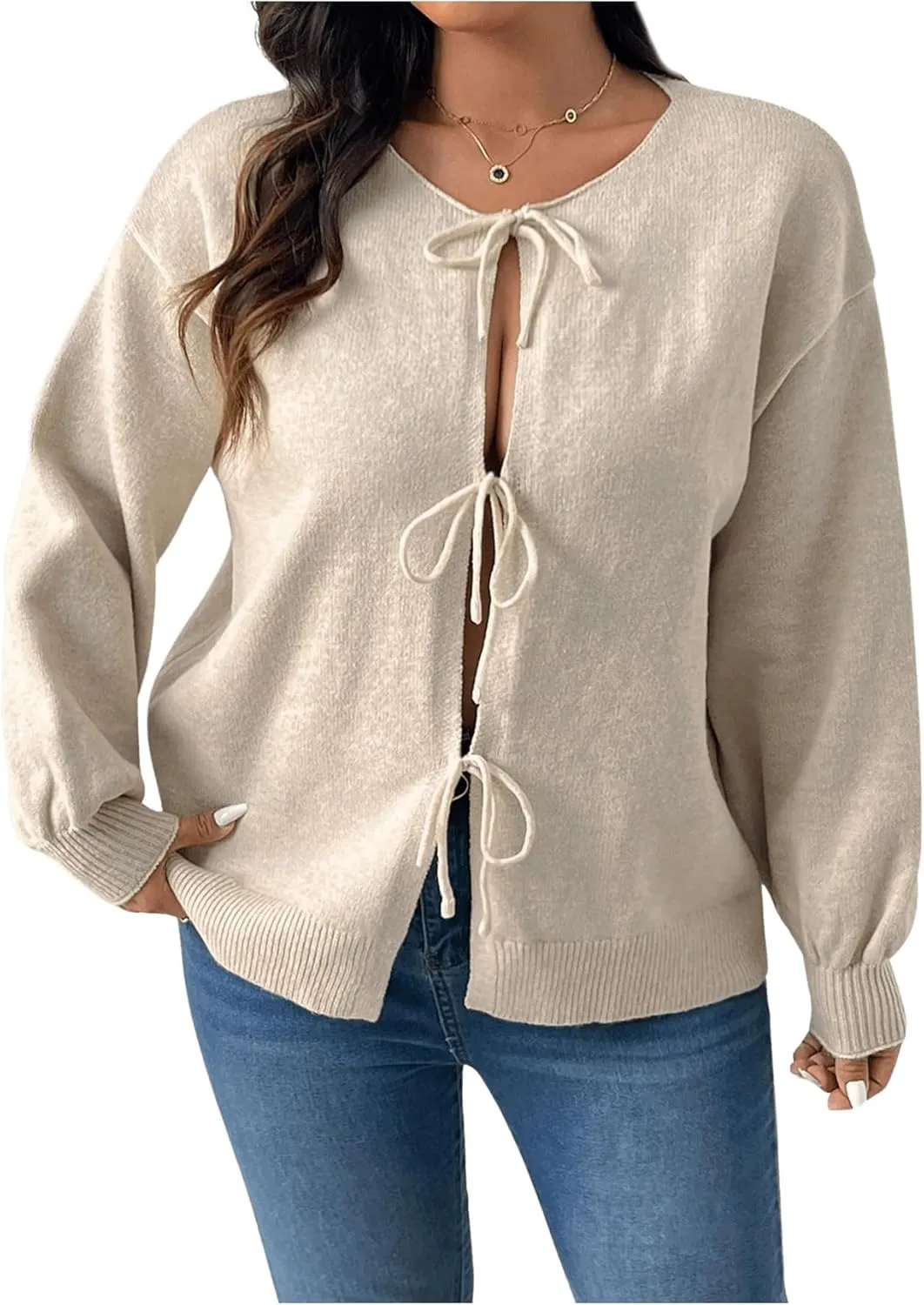 MakeMeChic Women's Plus Size Bow Tie Front Cardigan Sweater Long Sleeve Drop Shoulder Outerwear