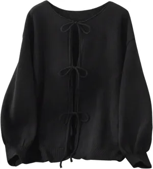 MakeMeChic Women's Plus Size Bow Tie Front Cardigan Sweater Long Sleeve Drop Shoulder Outerwear