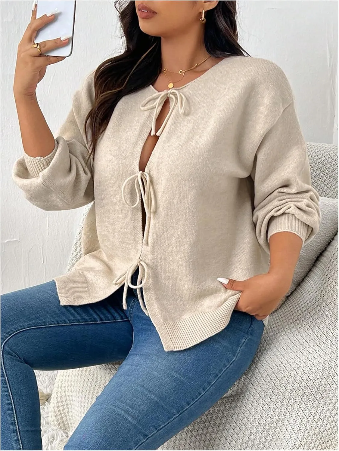 MakeMeChic Women's Plus Size Bow Tie Front Cardigan Sweater Long Sleeve Drop Shoulder Outerwear