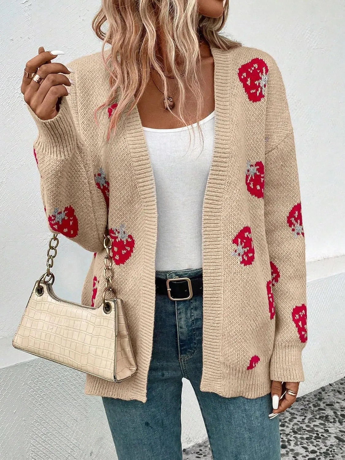 MakeMeChic Women's Strawberry Cardigan Sweater Long Sleeve Ribbed Knit Open Front Casual Outerwear