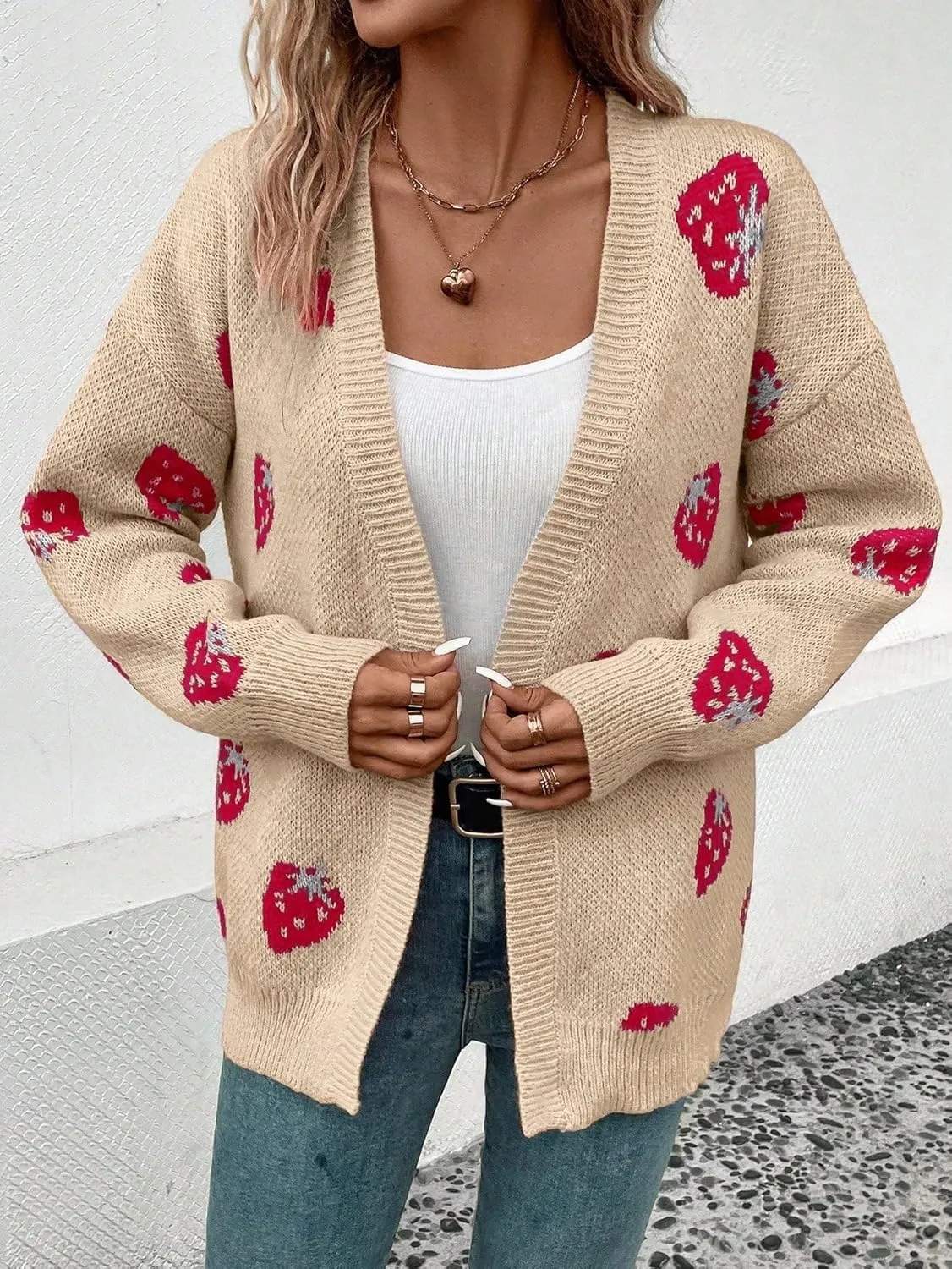 MakeMeChic Women's Strawberry Cardigan Sweater Long Sleeve Ribbed Knit Open Front Casual Outerwear