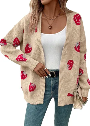 MakeMeChic Women's Strawberry Cardigan Sweater Long Sleeve Ribbed Knit Open Front Casual Outerwear