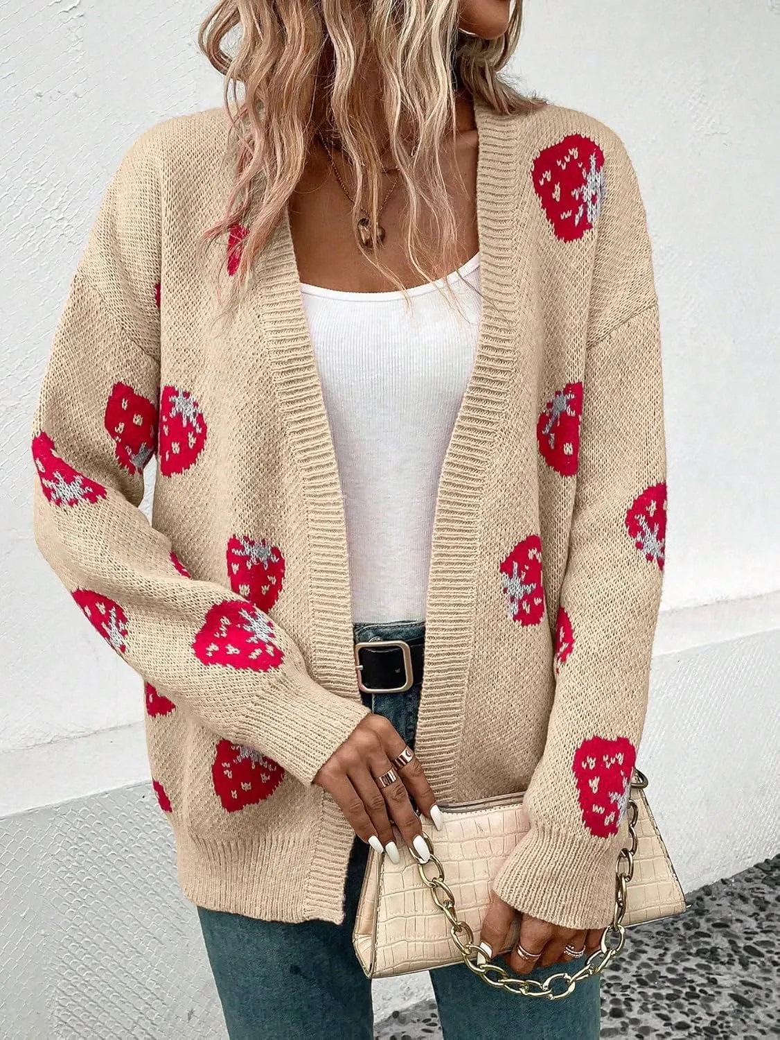 MakeMeChic Women's Strawberry Cardigan Sweater Long Sleeve Ribbed Knit Open Front Casual Outerwear