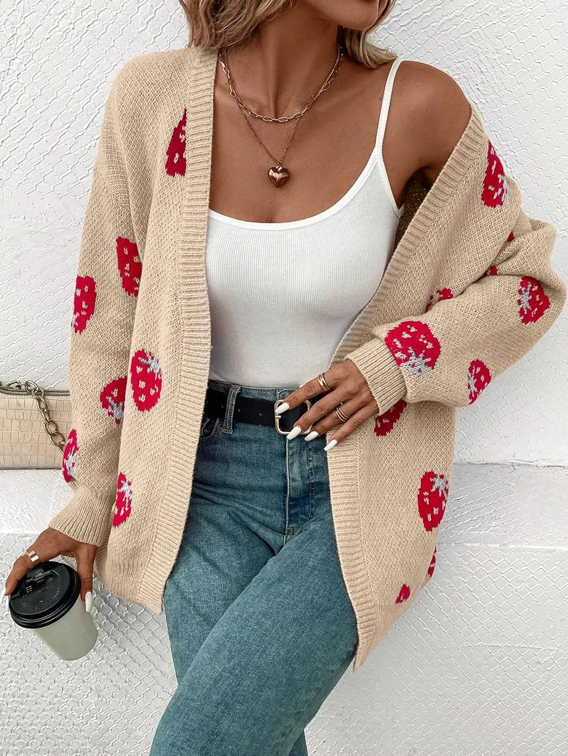MakeMeChic Women's Strawberry Cardigan Sweater Long Sleeve Ribbed Knit Open Front Casual Outerwear