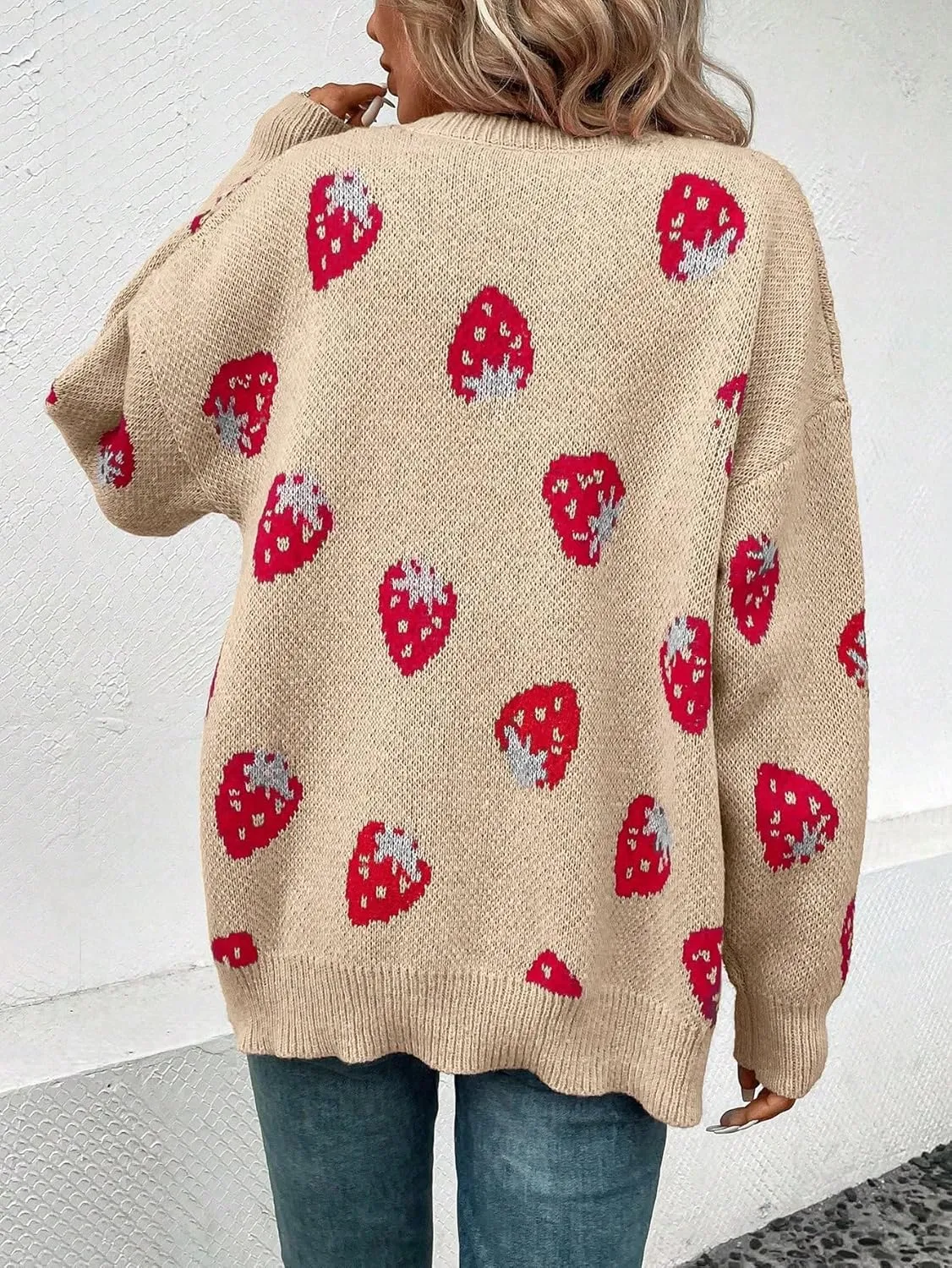 MakeMeChic Women's Strawberry Cardigan Sweater Long Sleeve Ribbed Knit Open Front Casual Outerwear