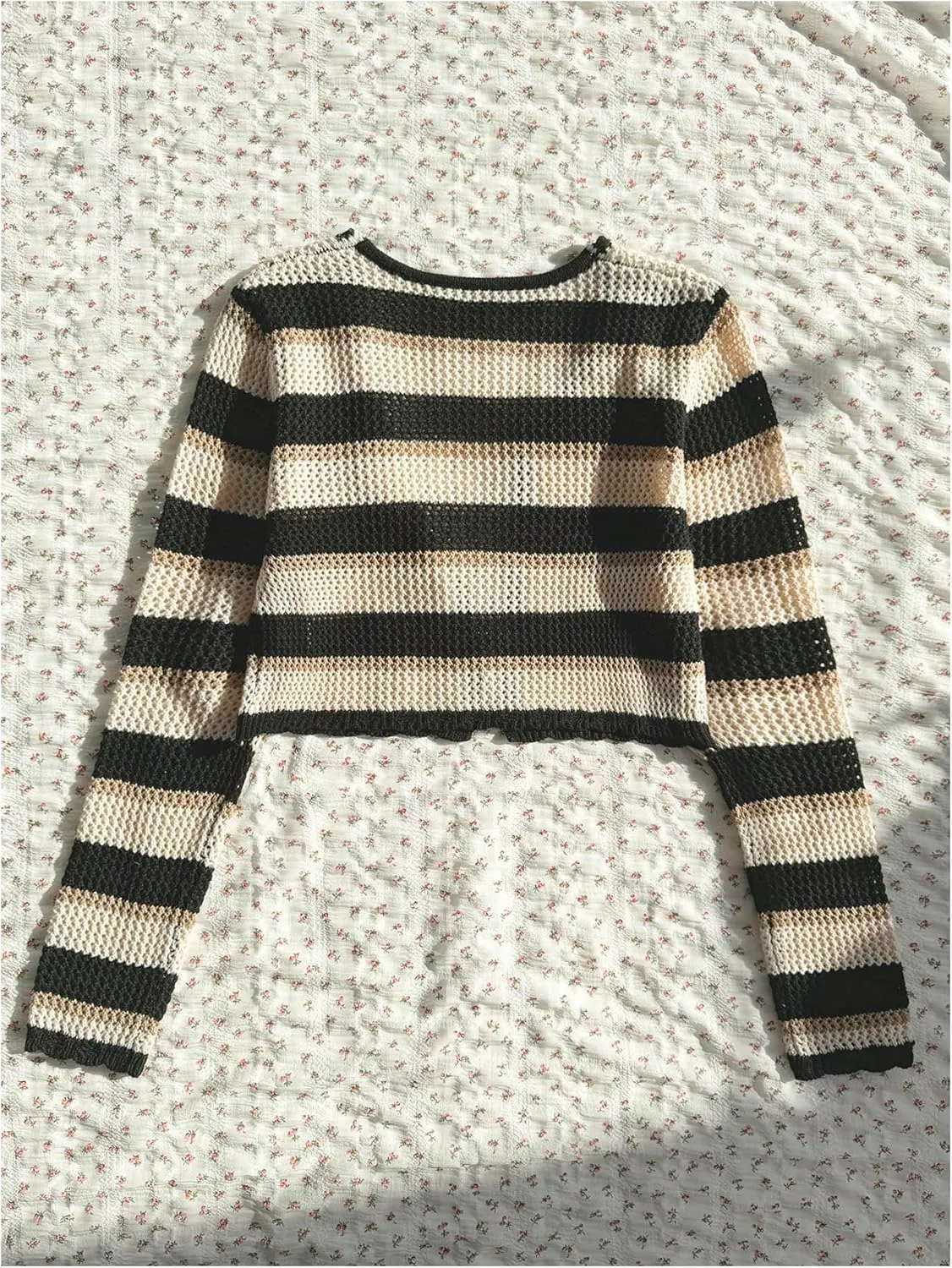 MakeMeChic Women's Striped Colorblock Crew Neck Button Down Sweater Cardigan Long Sleeve Crop Lightweight Outerwear
