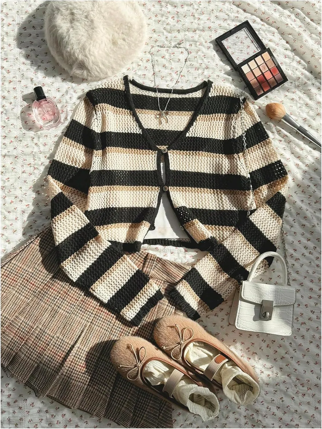 MakeMeChic Women's Striped Colorblock Crew Neck Button Down Sweater Cardigan Long Sleeve Crop Lightweight Outerwear