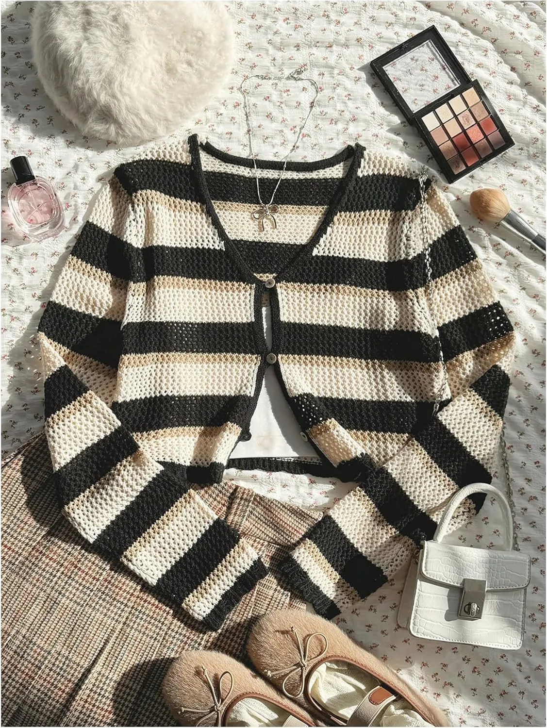 MakeMeChic Women's Striped Colorblock Crew Neck Button Down Sweater Cardigan Long Sleeve Crop Lightweight Outerwear